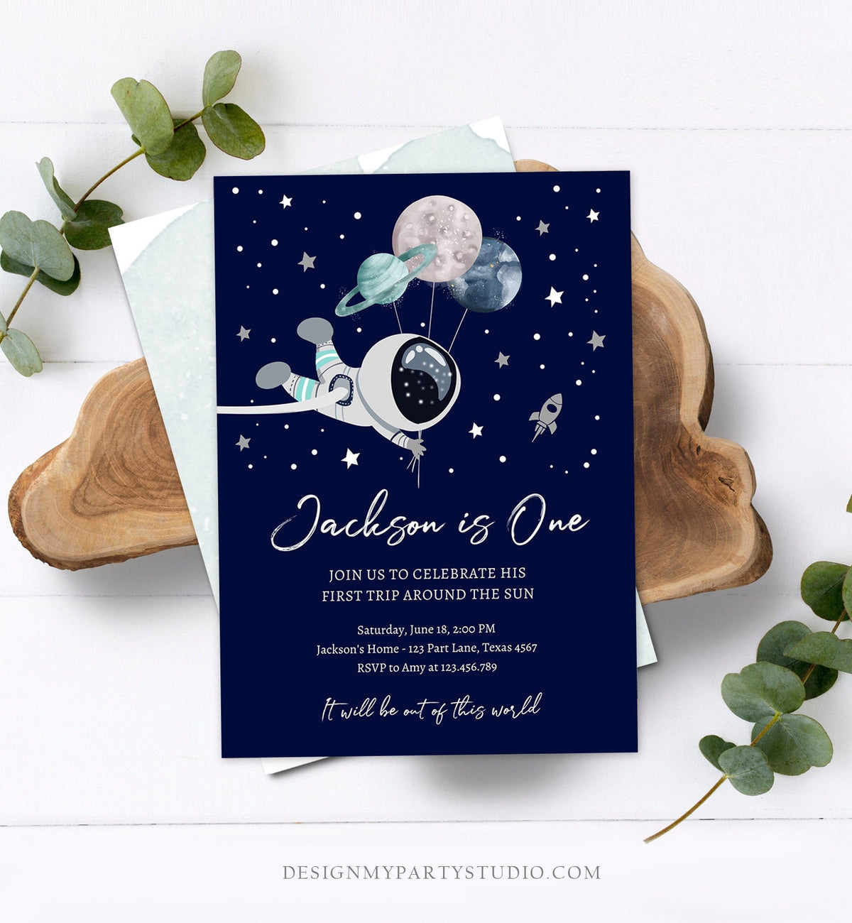 Editable Outer Space Birthday Invitation Out of this World Astronaut Trip Around the Sun Digital Download Evite Template Printable 0366