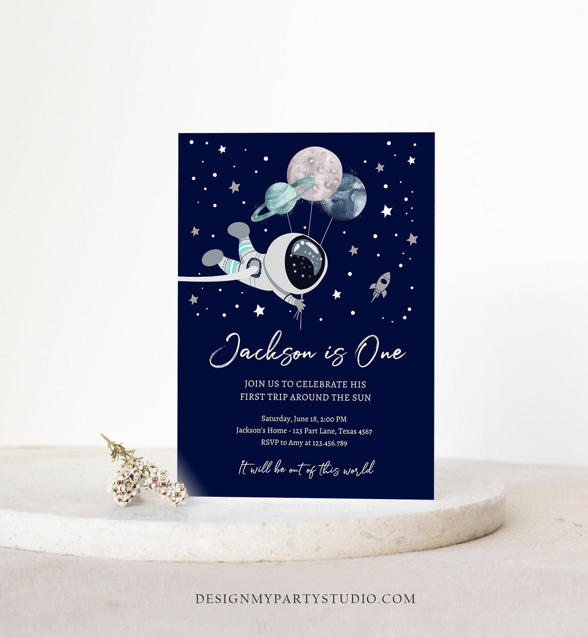 Editable Outer Space Birthday Invitation Out of this World Astronaut Trip Around the Sun Digital Download Evite Template Printable 0366