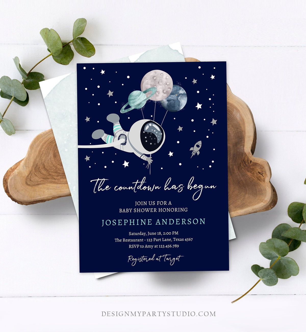 Editable Space Baby Shower Invitation Galaxy Outer Space It&#39;s a Boy Blue Planets Moon Countdown Invite Template Instant Download Corjl 0366