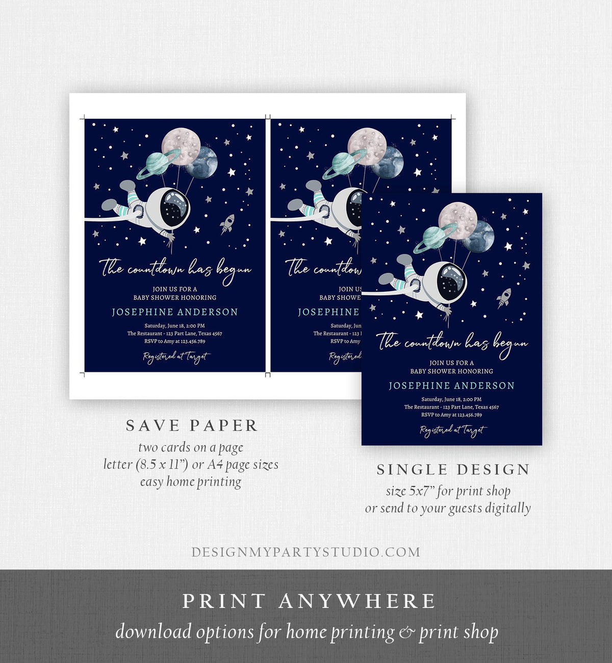 Editable Space Baby Shower Invitation Galaxy Outer Space It&#39;s a Boy Blue Planets Moon Countdown Invite Template Instant Download Corjl 0366
