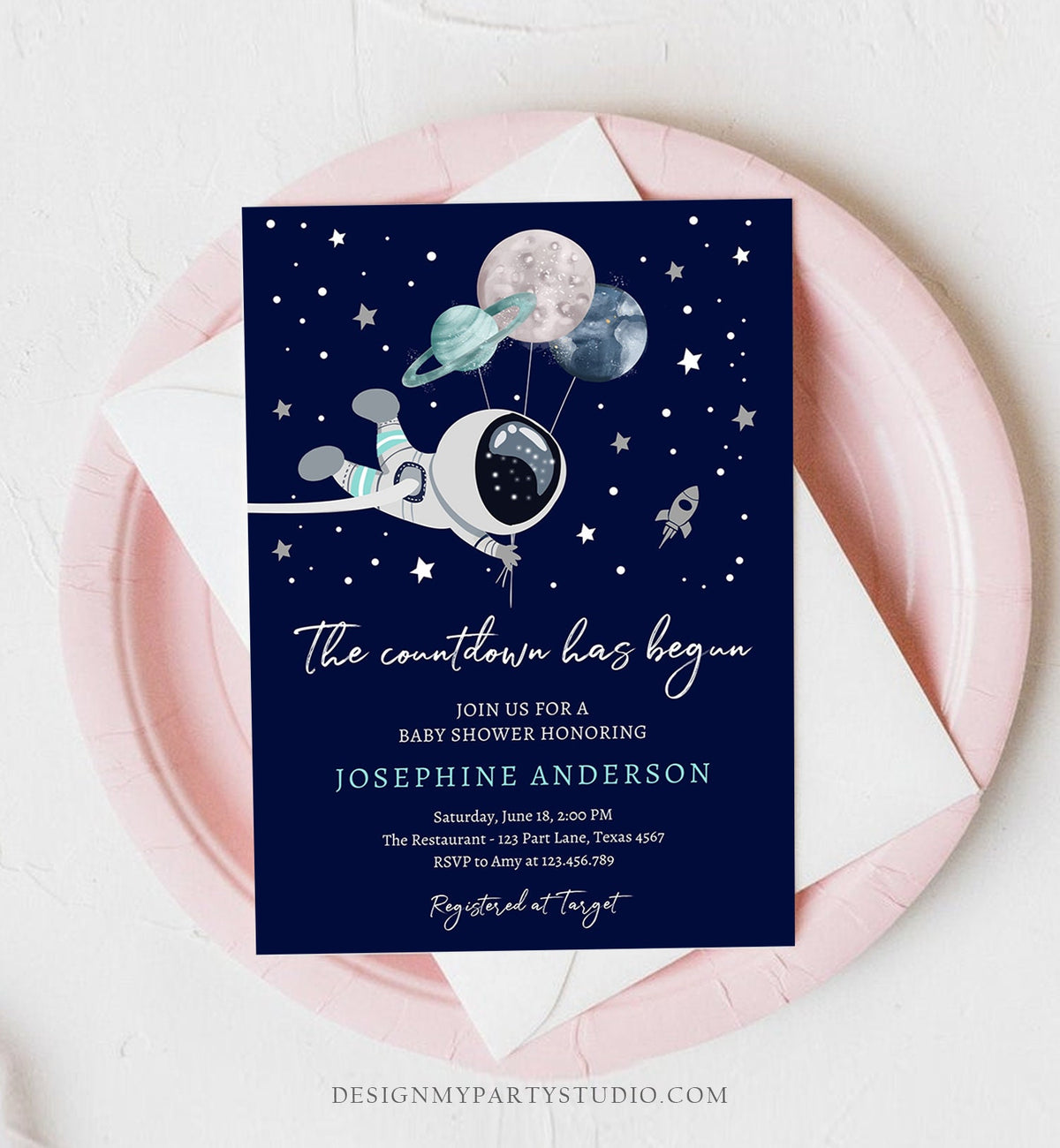 Editable Space Baby Shower Invitation Galaxy Outer Space It&#39;s a Boy Blue Planets Moon Countdown Invite Template Instant Download Corjl 0366