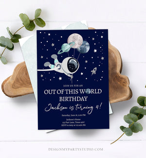 Editable Out of This World Birthday Invitation Outer Space Planets Rocket Ship Galaxy Astronaut Silver Boy Corjl Template Printable 0366
