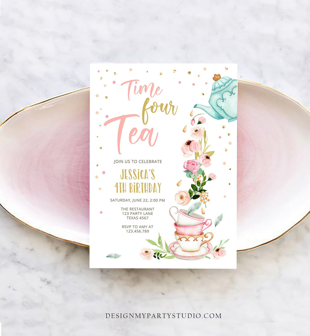 Editable Tea Party Birthday Invitation Four Par-Tea Birthday Invite Pink Gold Floral 4th Download Printable Template Corjl Digital 0349