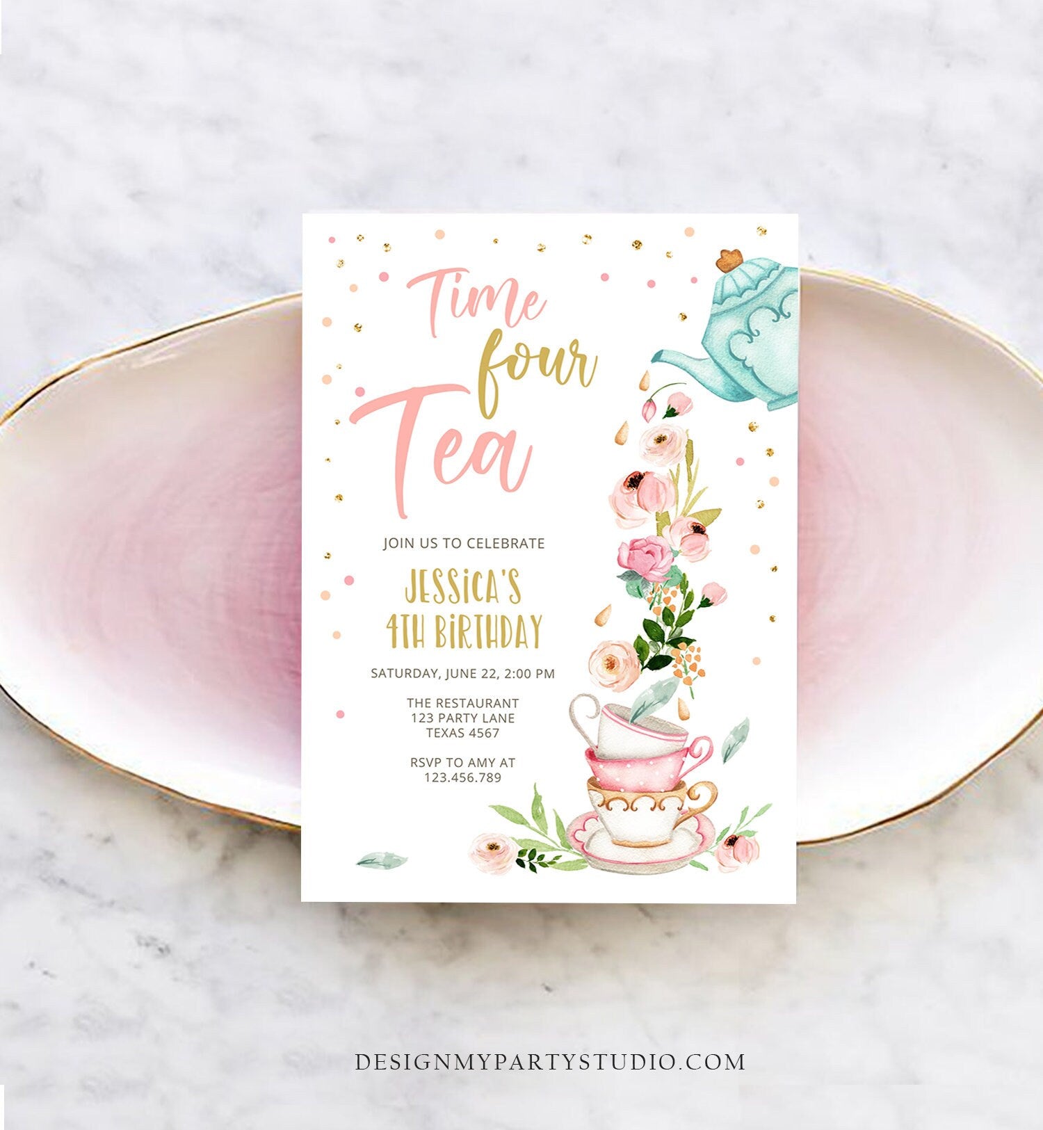 Editable Tea Party Birthday Invitation Four Par-Tea Birthday Invite Pink Gold Floral 4th Download Printable Template Corjl Digital 0349