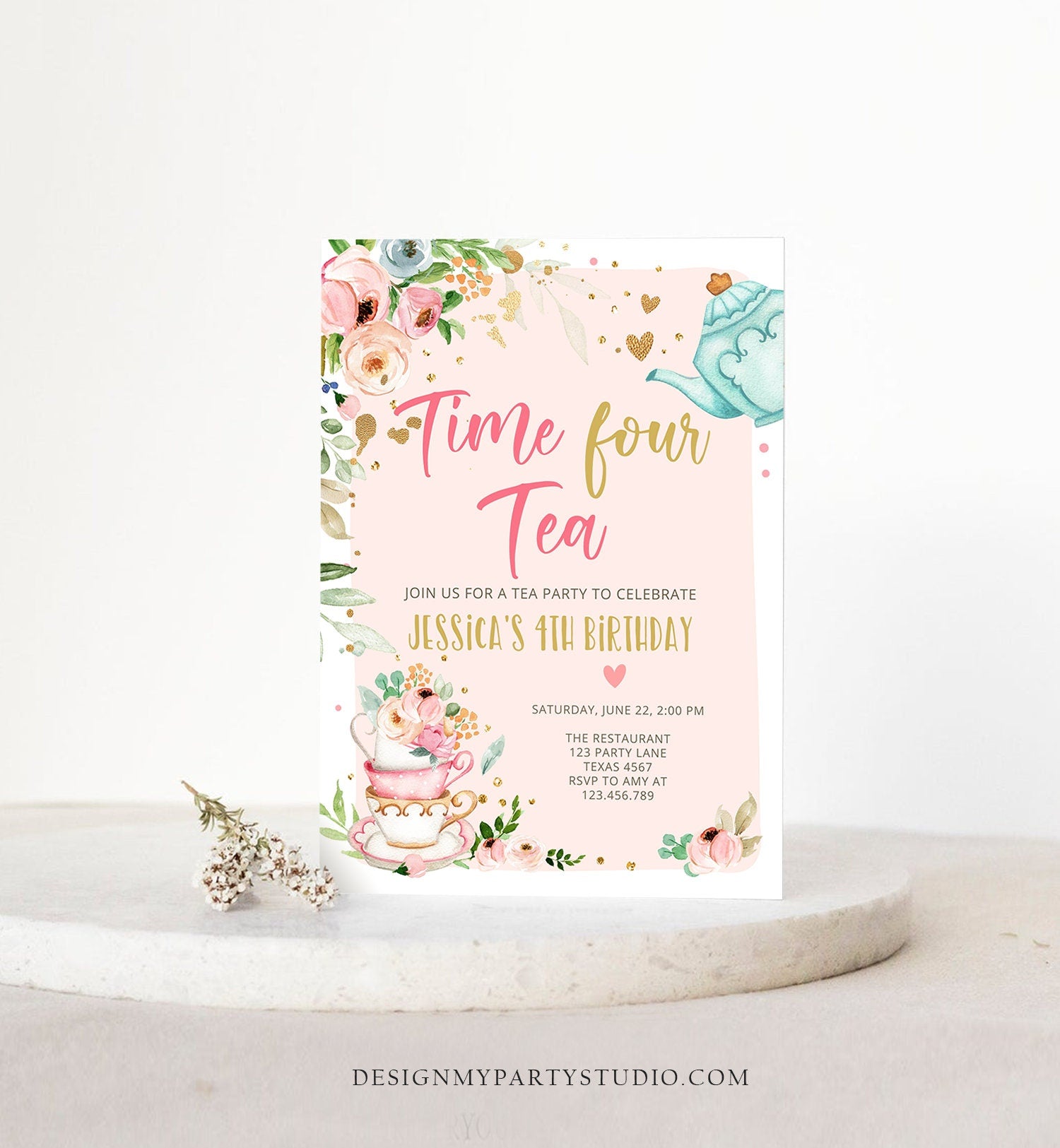 Editable Tea Party Birthday Invitation Four Par-Tea Birthday Invite Pink Gold Floral 4th Download Printable Template Corjl Digital 0349