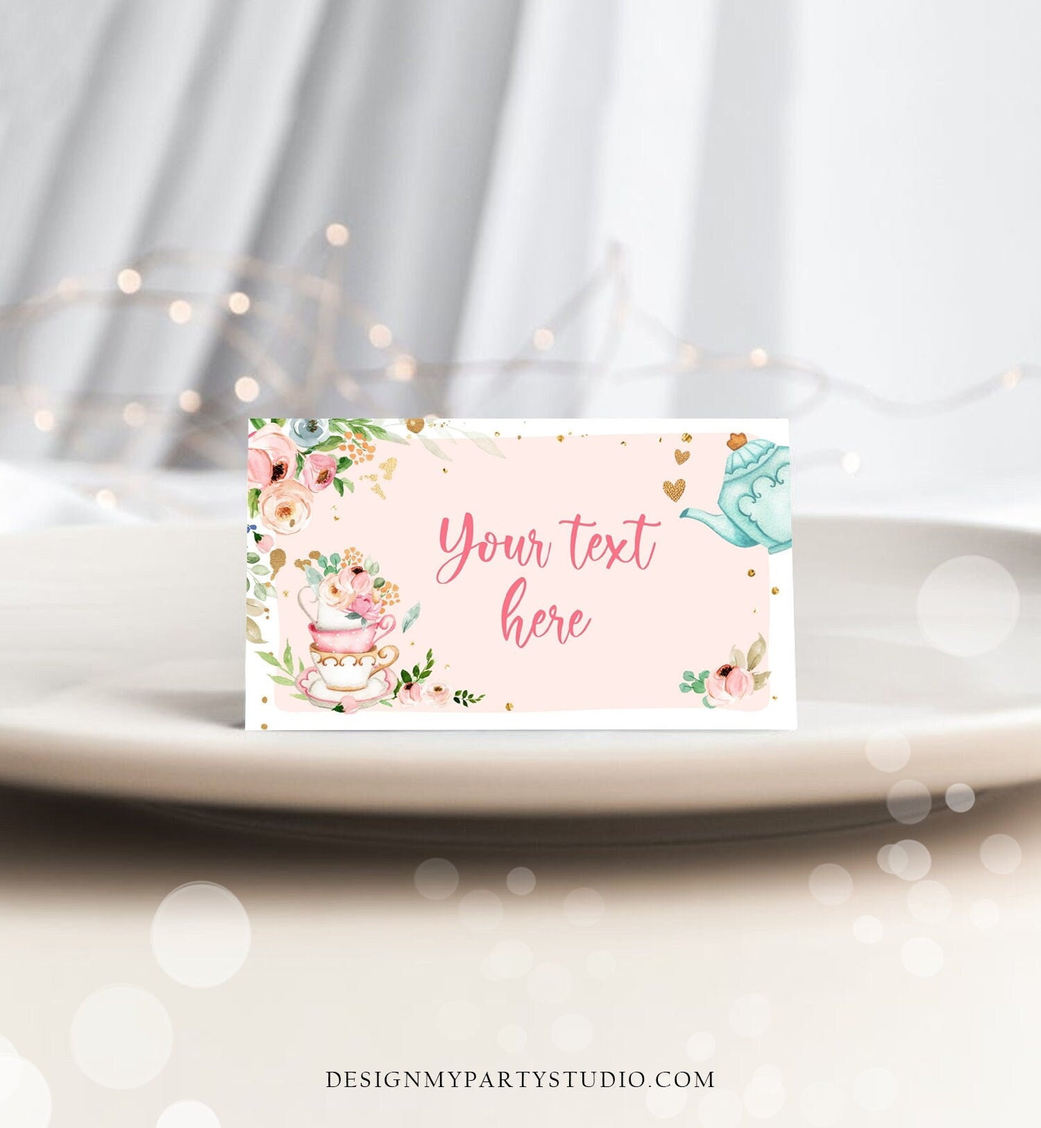 Editable Tea Party Food Label Tea Place Card Tent Card Escort Card Par-Tea Tea for Two Decor Girl Floral Pink Printable Corjl Template 0349