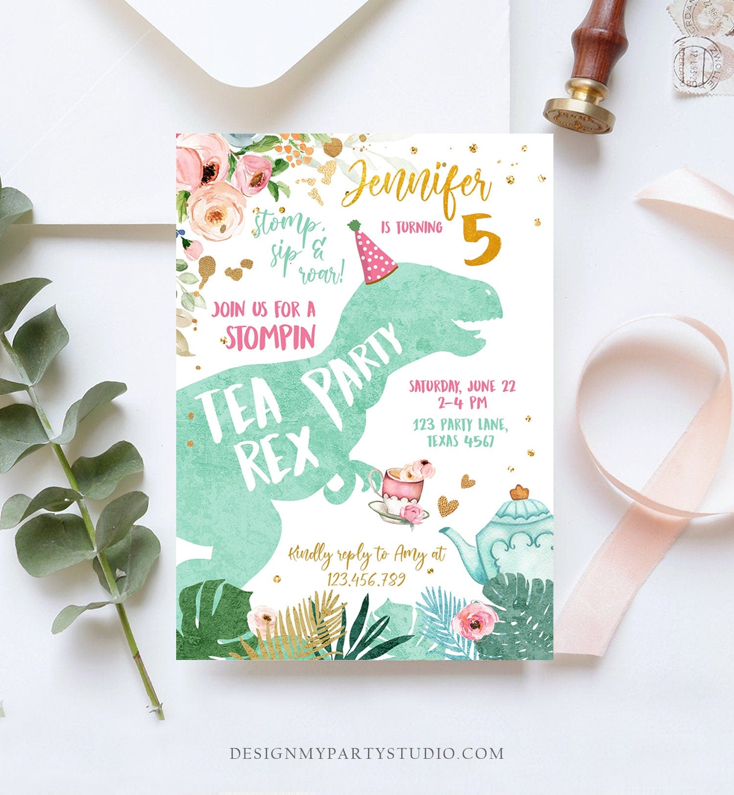 Editable Dinosaur Tea Party Invitation Tea Rex Birthday Par-Tea Pink Mint Gold Floral Tea Rex Download Printable Template Evite Digital 0400