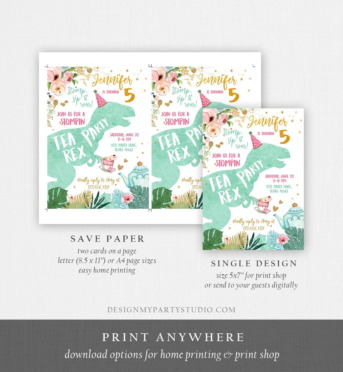 Editable Dinosaur Tea Party Invitation Tea Rex Birthday Par-Tea Pink Mint Gold Floral Tea Rex Download Printable Template Evite Digital 0400