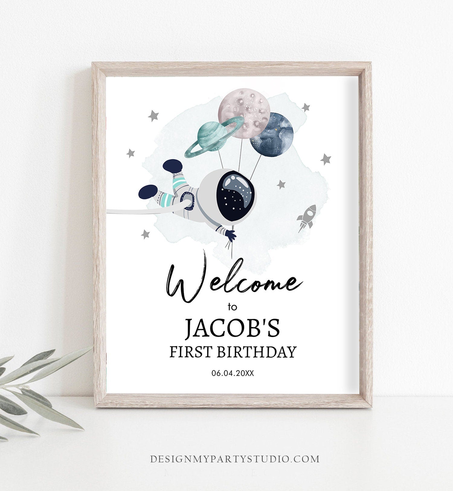 Editable Outer Space Birthday Welcome Sign 1st Birthday Boy Galaxy Planets Trip Around the Sun Astronaut Digital Template Printable 0366