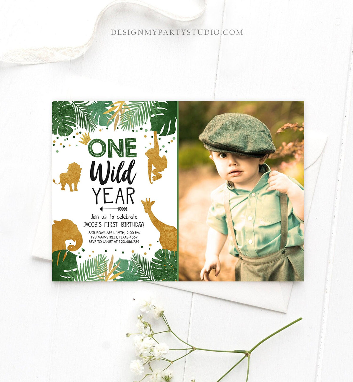 Editable Wild One Birthday Invite Safari Animals Jungle One Wild Year Black Gold First Birthday 1st Digital Download Template Printable 0016