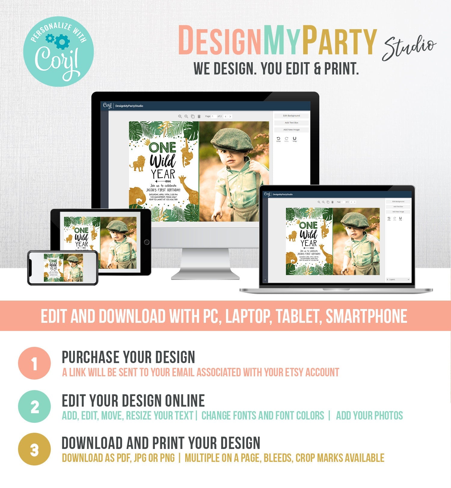 Editable Wild One Birthday Invite Safari Animals Jungle One Wild Year Black Gold First Birthday 1st Digital Download Template Printable 0016