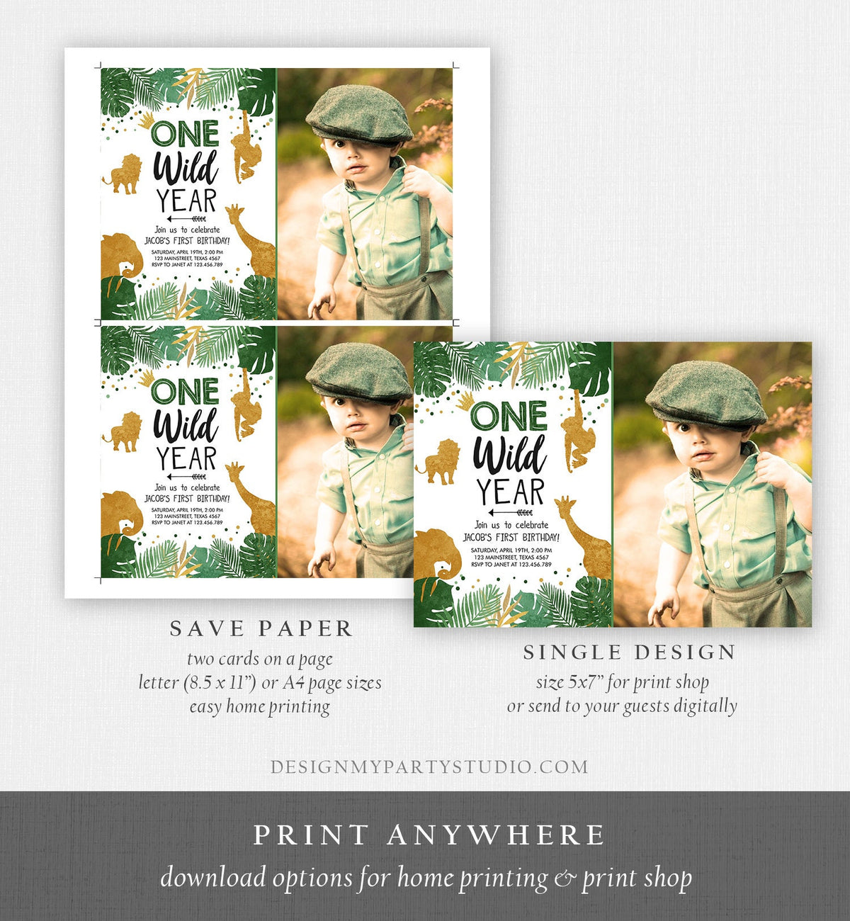 Editable Wild One Birthday Invite Safari Animals Jungle One Wild Year Black Gold First Birthday 1st Digital Download Template Printable 0016