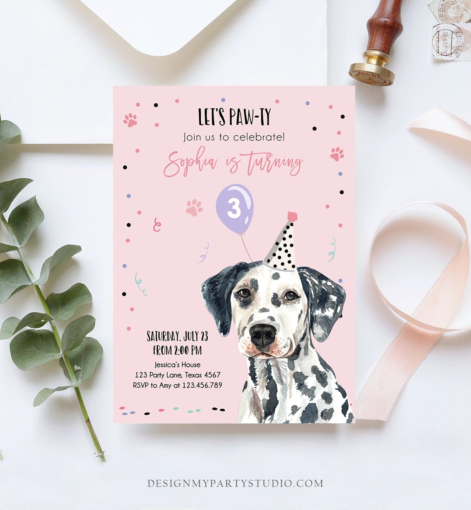 Editable Dog Birthday Party Invitation Dalmatian Birthday Pink Girl Come Sit Stay Party Animal Digital Download Template Printable 0384