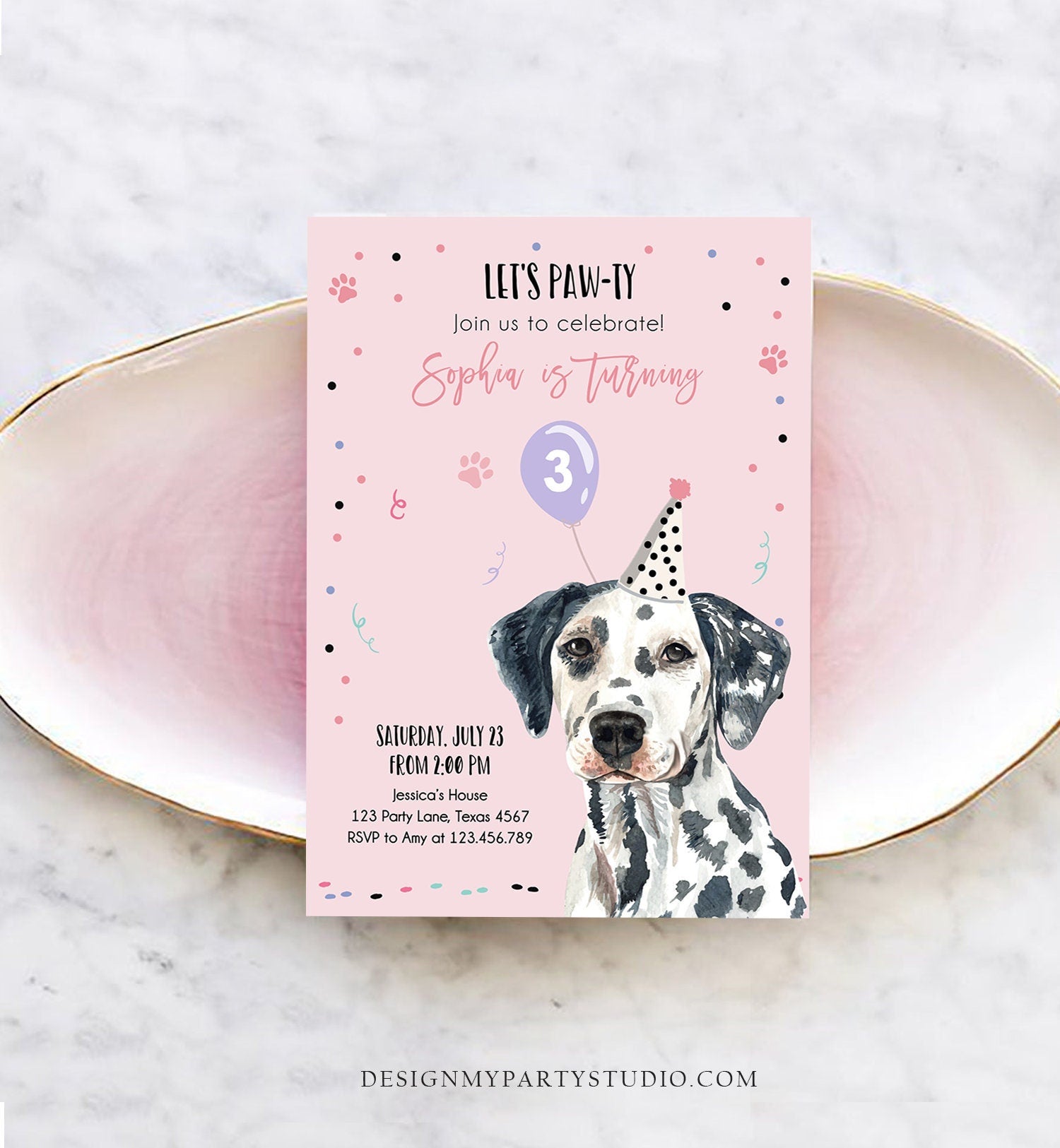 Editable Dog Birthday Party Invitation Dalmatian Birthday Pink Girl Come Sit Stay Party Animal Digital Download Template Printable 0384