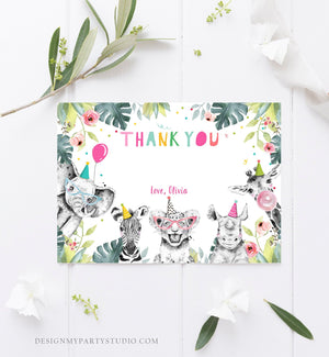 Editable Party Animals Thank You Card Note Wild One Safari Animals Girl Pink Jungle Zoo Safari Party Download Printable Corjl Template 0322