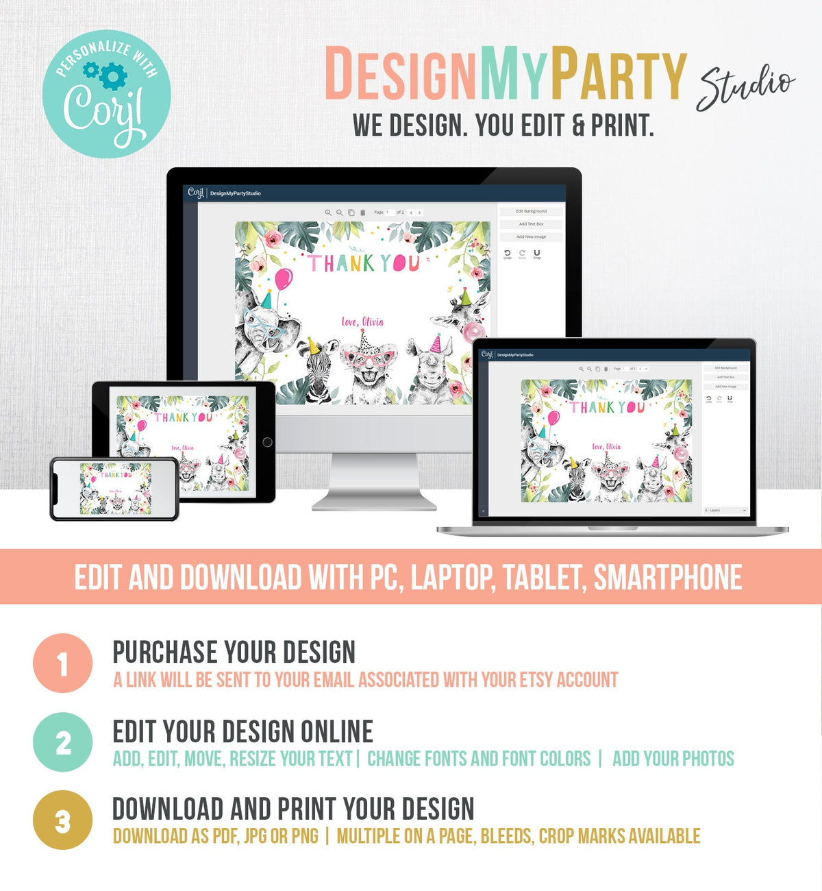 Editable Party Animals Thank You Card Note Wild One Safari Animals Girl Pink Jungle Zoo Safari Party Download Printable Corjl Template 0322