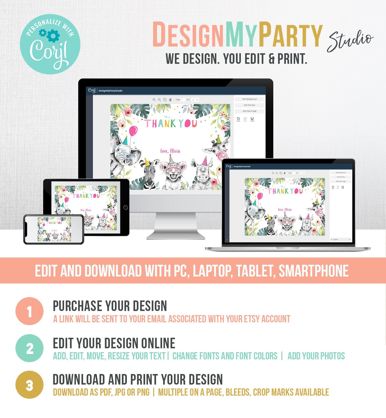 Editable Party Animals Thank You Card Note Wild One Safari Animals Girl Pink Jungle Zoo Safari Party Download Printable Corjl Template 0322