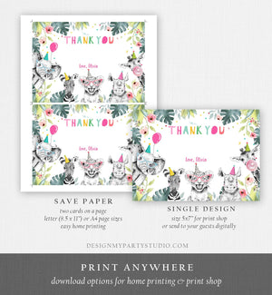Editable Party Animals Thank You Card Note Wild One Safari Animals Girl Pink Jungle Zoo Safari Party Download Printable Corjl Template 0322