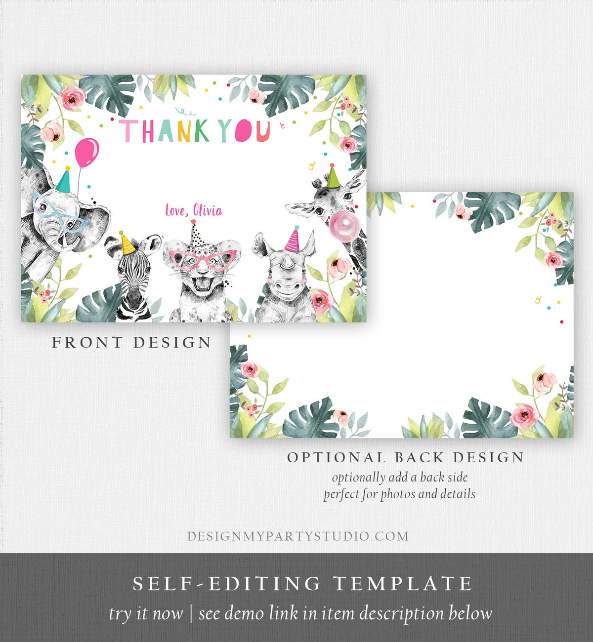 Editable Party Animals Thank You Card Note Wild One Safari Animals Girl Pink Jungle Zoo Safari Party Download Printable Corjl Template 0322