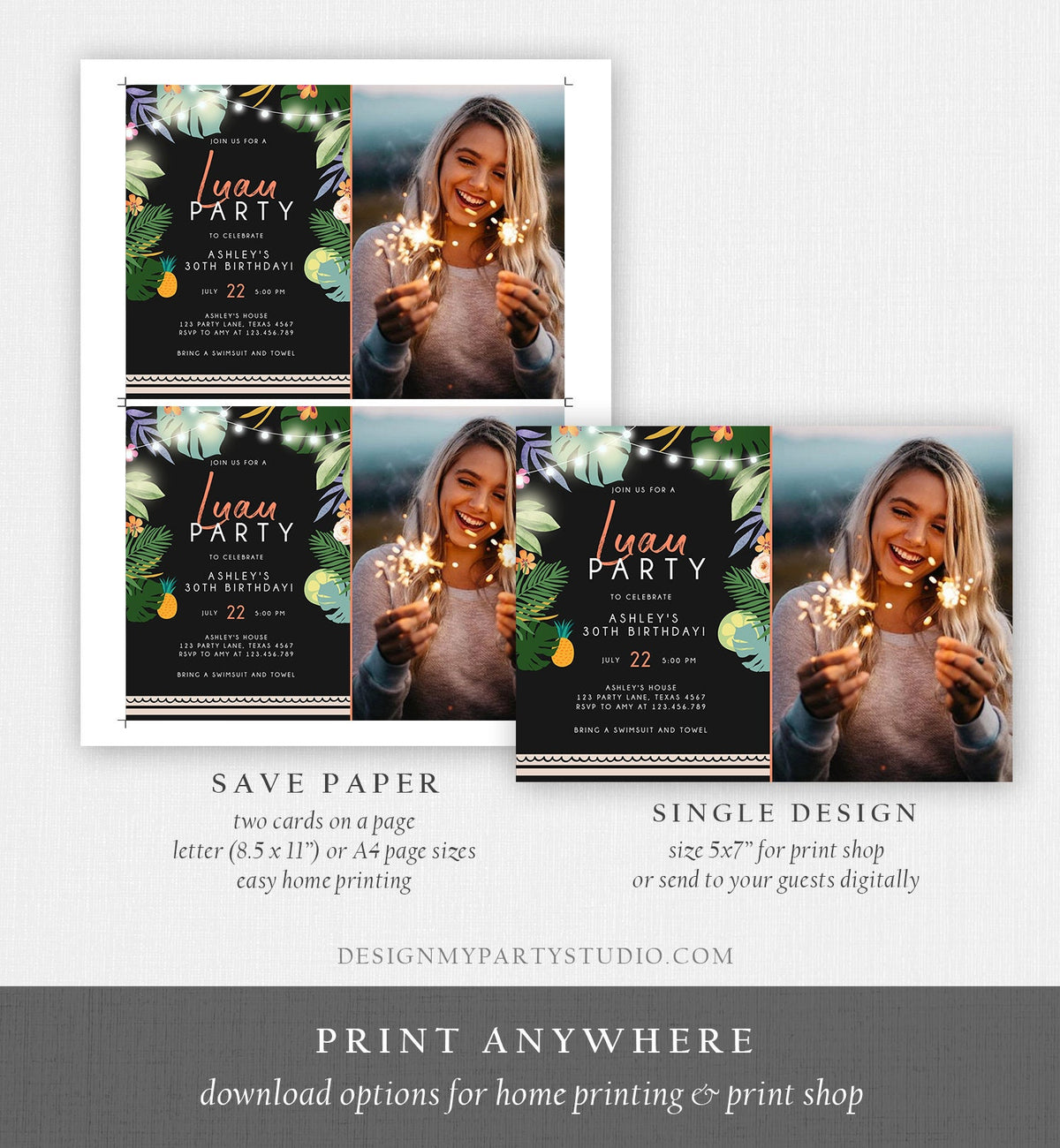 Editable Tropical Luau Birthday Invitation Tropical Party Adult Birthday Man Woman Leaves Hawaiian Download Evite Template Printable 0183