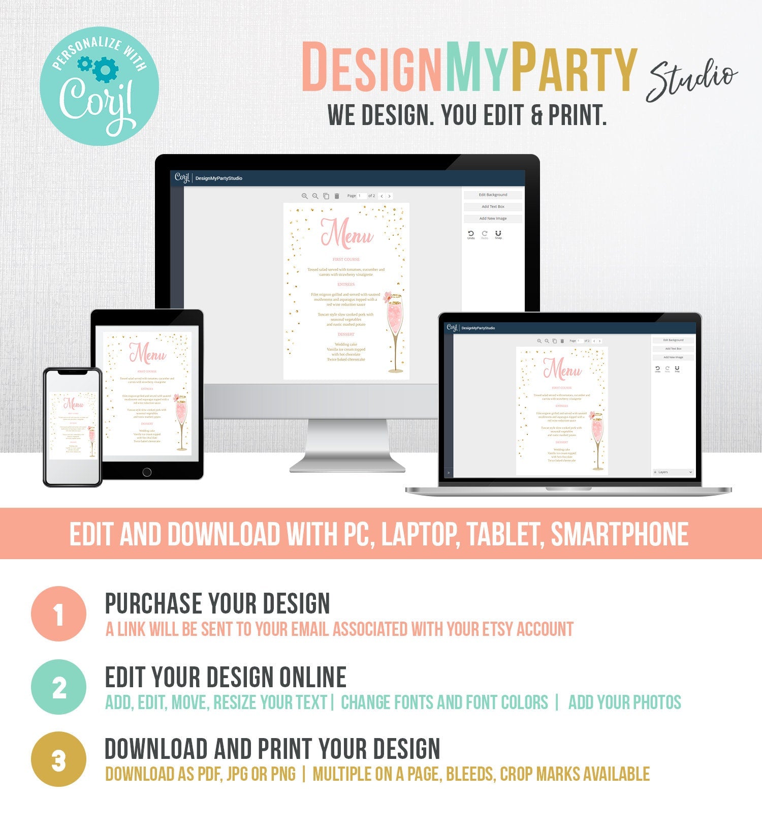 Editable Brunch and Bubbly Menu Card Bridal Shower Pink Champagne Gold Confetti Wedding Menu Floral Digital Download Template Printable 0150