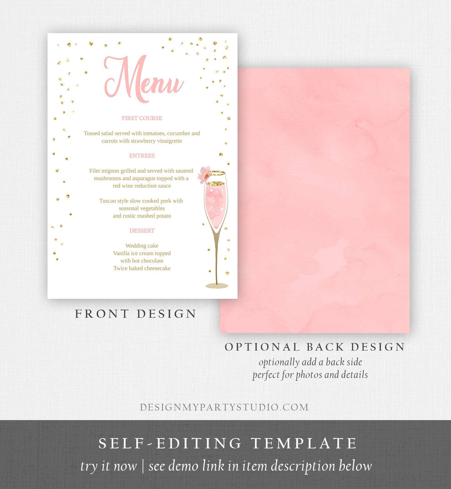 Editable Brunch and Bubbly Menu Card Bridal Shower Pink Champagne Gold Confetti Wedding Menu Floral Digital Download Template Printable 0150