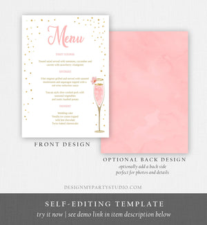 Editable Brunch and Bubbly Menu Card Bridal Shower Pink Champagne Gold Confetti Wedding Menu Floral Download Corjl Template Printable 0150