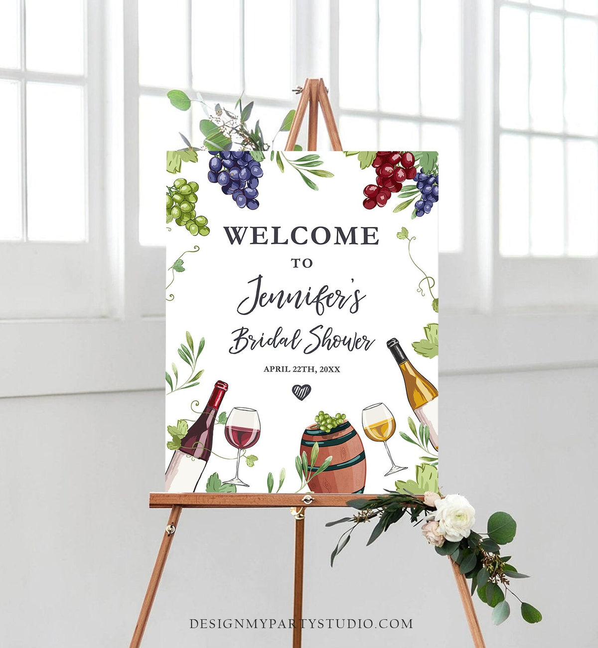Editable Wine Welcome Sign Couples Shower Welcome Cheers to Love Brunch Bubbly Grapes Bottle White Floral Digital Template Printable 0234
