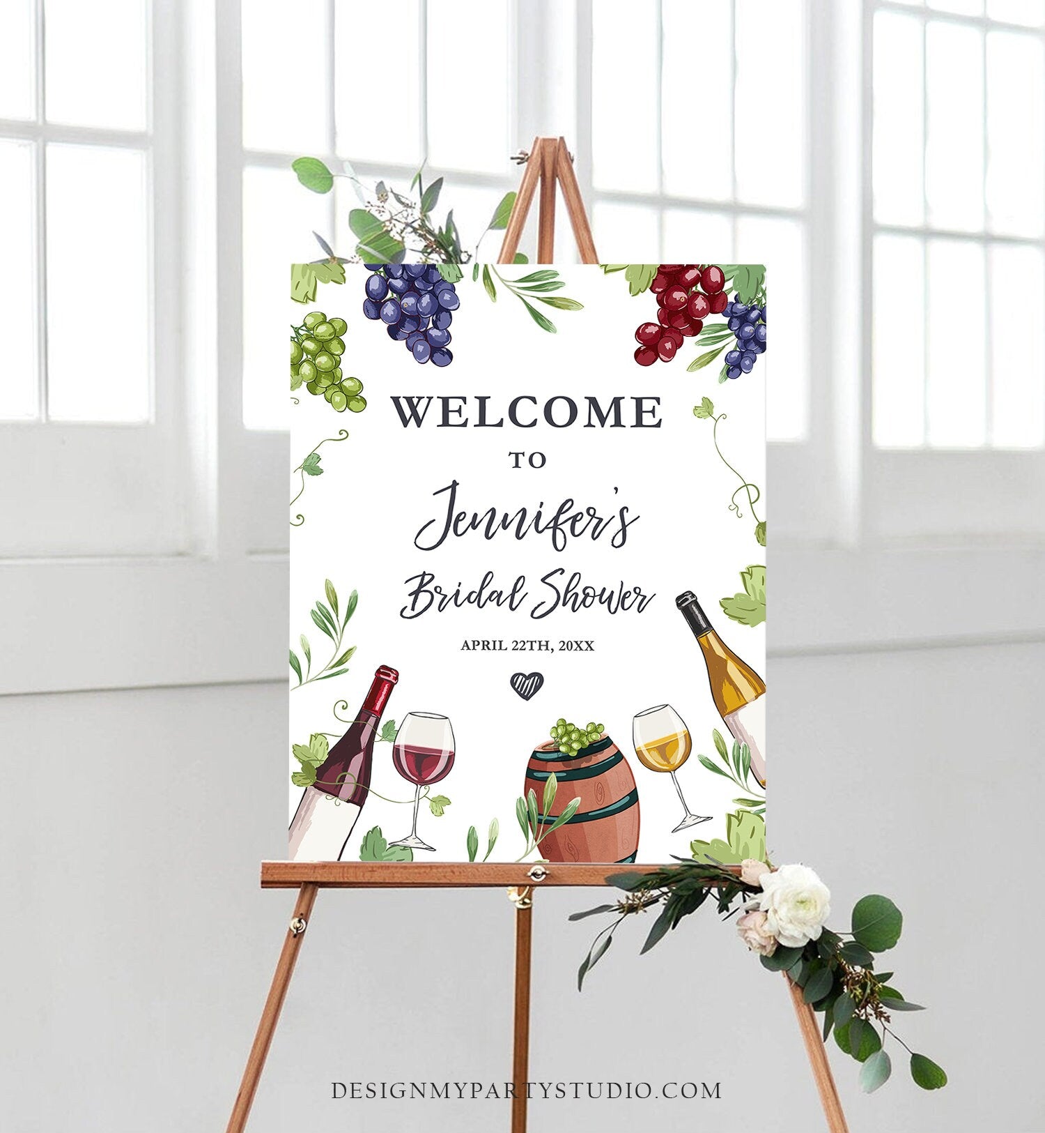 Editable Wine Welcome Sign Couples Shower Welcome Cheers to Love Brunch Bubbly Grapes Bottle White Floral Digital Template Printable 0234