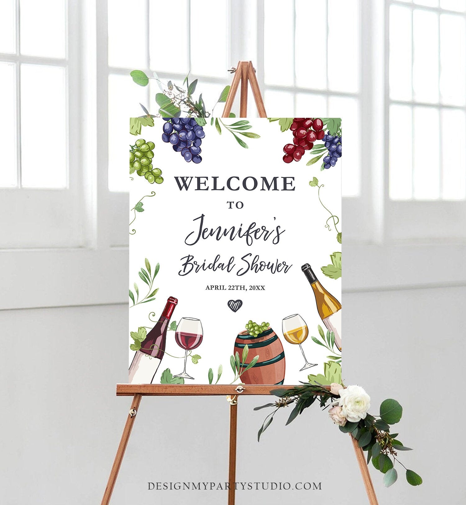 Editable Wine Welcome Sign Couples Shower Welcome Cheers to Love Brunch Bubbly Grapes Bottle White Red Floral Corjl Template Printable 0234
