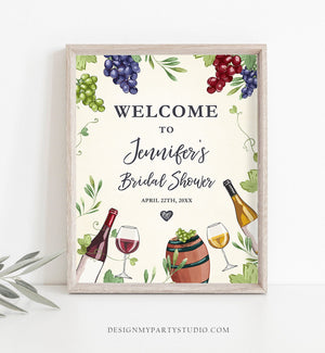 Editable Wine Welcome Sign Couples Shower Welcome Cheers to Love Brunch Bubbly Grapes Bottle White Red Floral Corjl Template Printable 0234