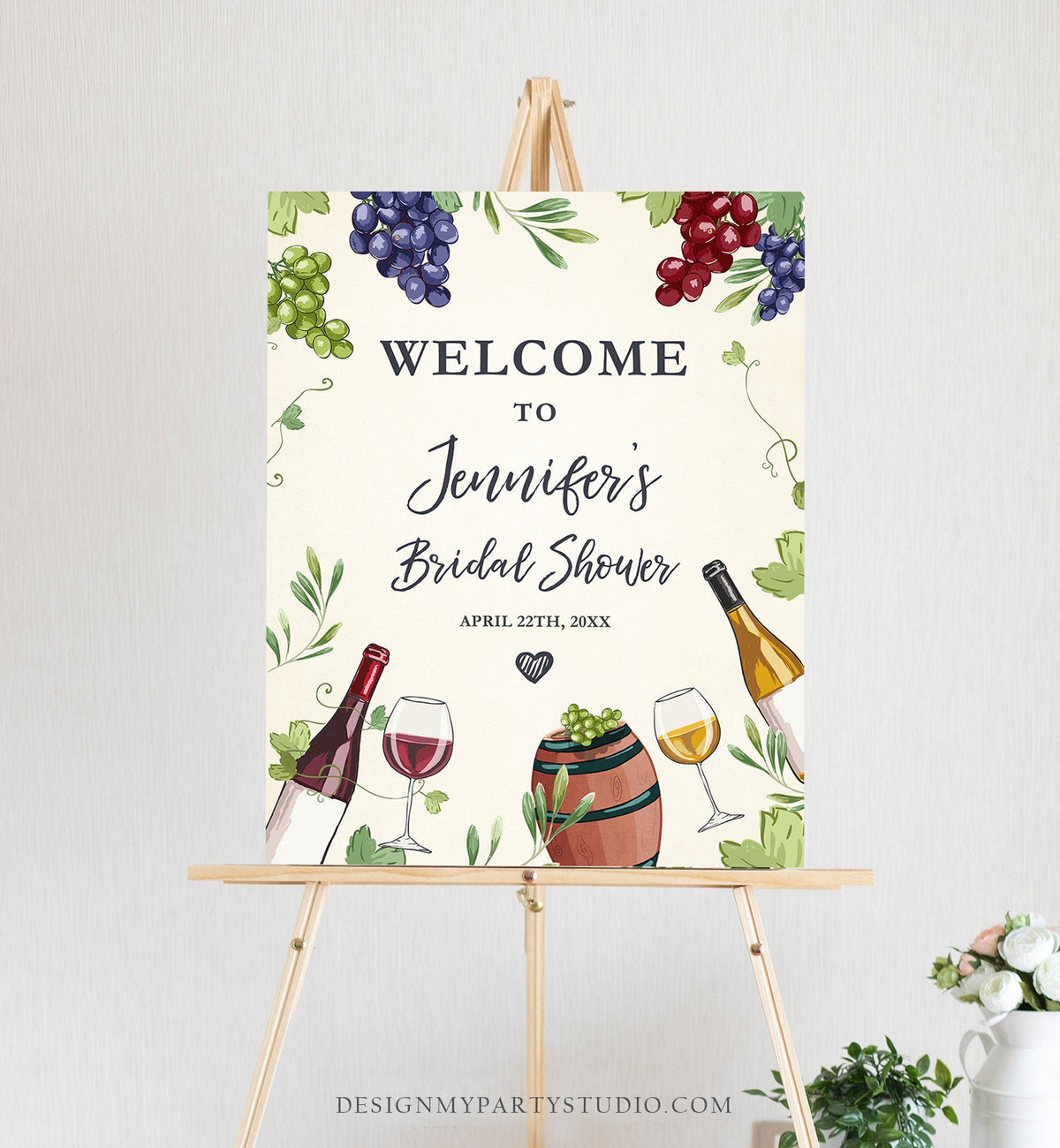 Editable Wine Welcome Sign Couples Shower Welcome Cheers to Love Brunch Bubbly Grapes Bottle White Red Floral Corjl Template Printable 0234