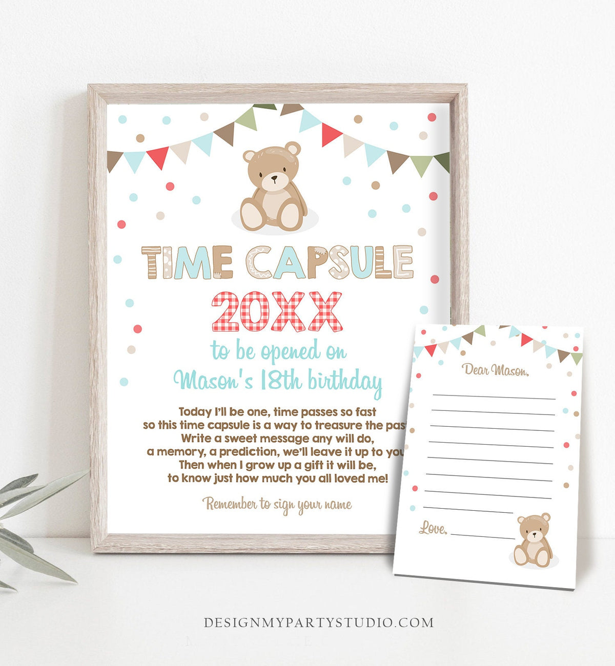 Editable Teddy Bear Time Capsule First Birthday Party Game Teddy Bear Picnic Party Guestbook Boy Blue Download Corjl Template Printable 0100