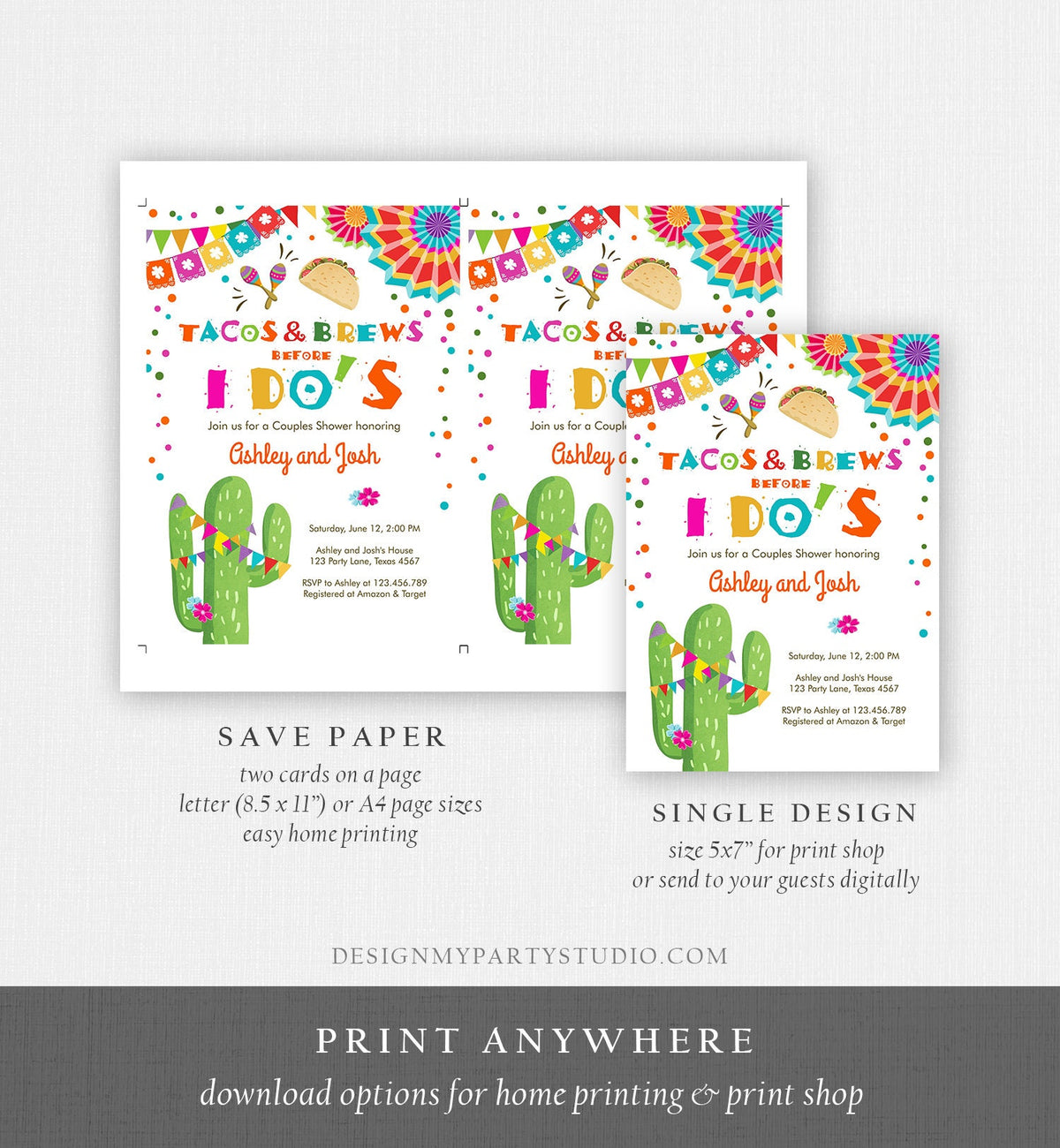 Editable Tacos and Brews before I Do&#39;s Couples Shower invitation Fiesta Coed Joined Cactus Mexican Download Corjl Template Printable 0045