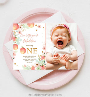 Editable Little Peach Birthday Invitation First Birthday Floral Gold Girl Peach 1st Peaches Download Printable Template Corjl Digital 0401