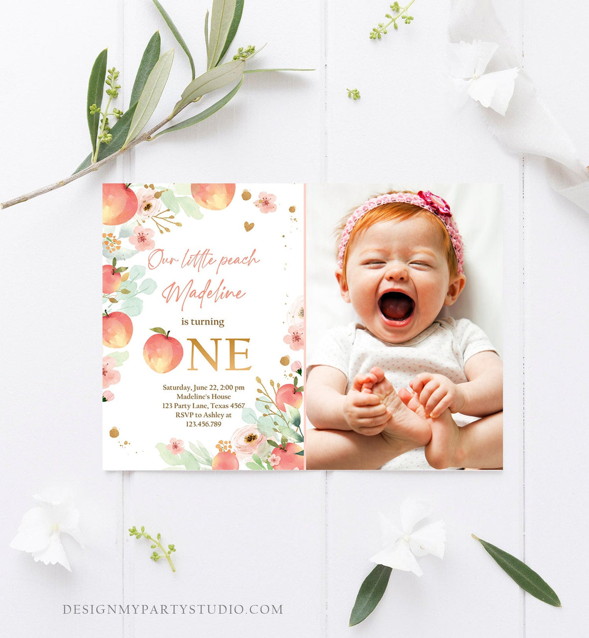 Editable Little Peach Birthday Invitation First Birthday Floral Gold Girl Peach 1st Peaches Digital Download Evite Template Printable 0401