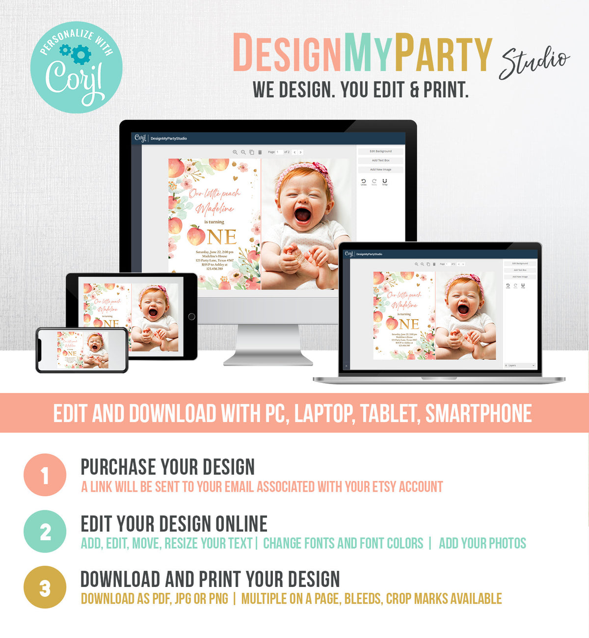 Editable Little Peach Birthday Invitation First Birthday Floral Gold Girl Peach 1st Peaches Digital Download Evite Template Printable 0401