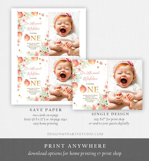 Editable Little Peach Birthday Invitation First Birthday Floral Gold Girl Peach 1st Peaches Download Printable Template Corjl Digital 0401