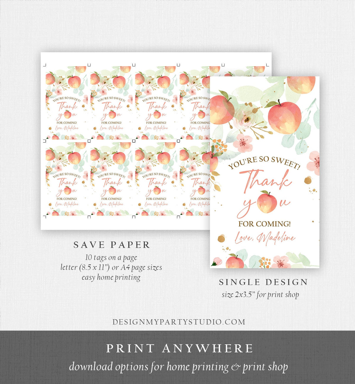 Editable Peach Favor Thank You Tags Little Peach Birthday Party Girl Summer Floral Gold Gift Goodie Bag Labels Corjl Template PRINTABLE 0401