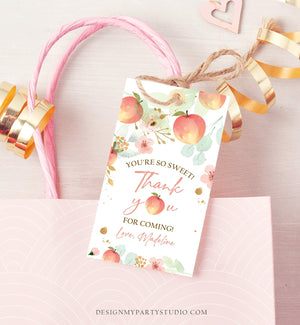 Editable Peach Favor Thank You Tags Little Peach Birthday Party Girl Summer Floral Gold Gift Goodie Bag Labels Corjl Template PRINTABLE 0401