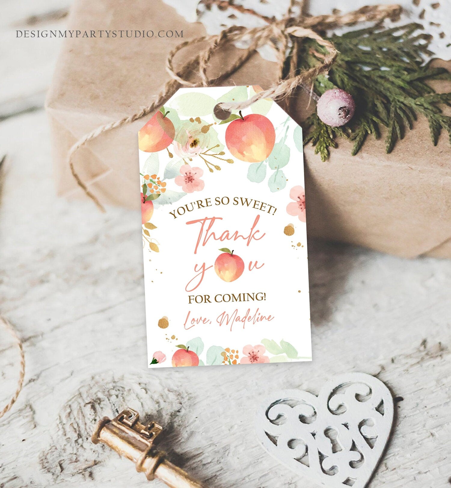 Editable Peach Favor Thank You Tags Little Peach Birthday Party Girl Summer Floral Gold Gift Goodie Bag Labels Corjl Template PRINTABLE 0401