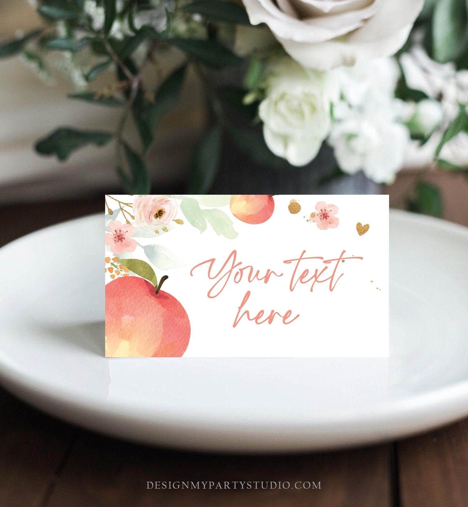 Editable Peach Food Labels Peach Birthday Food Cards Tent Card Girl Pink Gold Floral Little Peach Buffet Label Tent Card Template Corjl 0401
