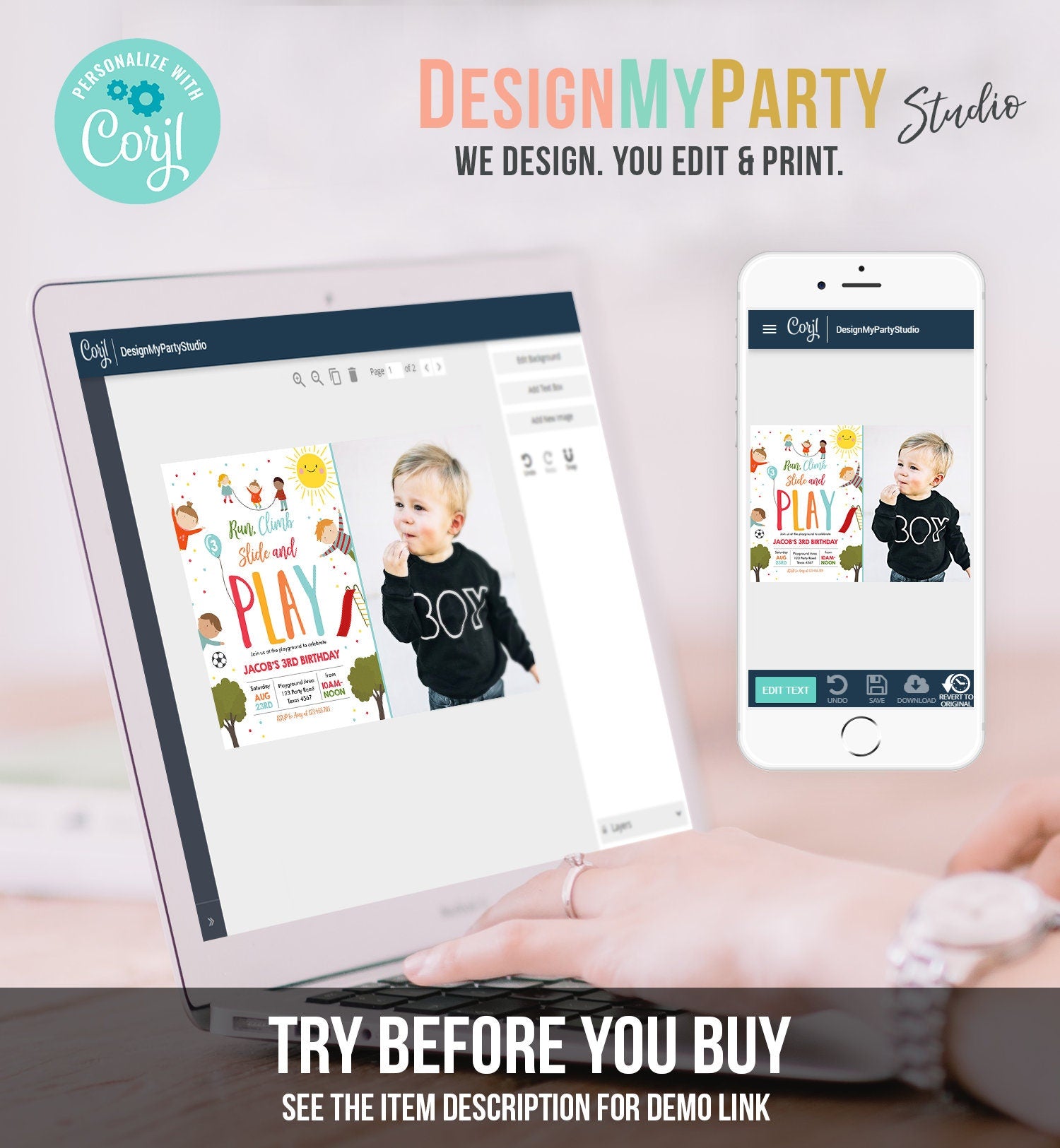 Editable Playground Birthday Invitation Party In The Park Boy Blue Run Climb Slide and Play Digital Download Template Printable 0327