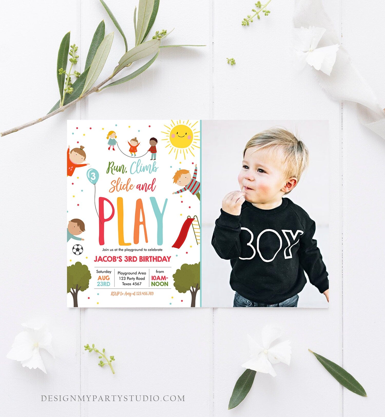 Editable Playground Birthday Invitation Party In The Park Boy Blue Run Climb Slide and Play Download Printable Template Corjl Digital 0327
