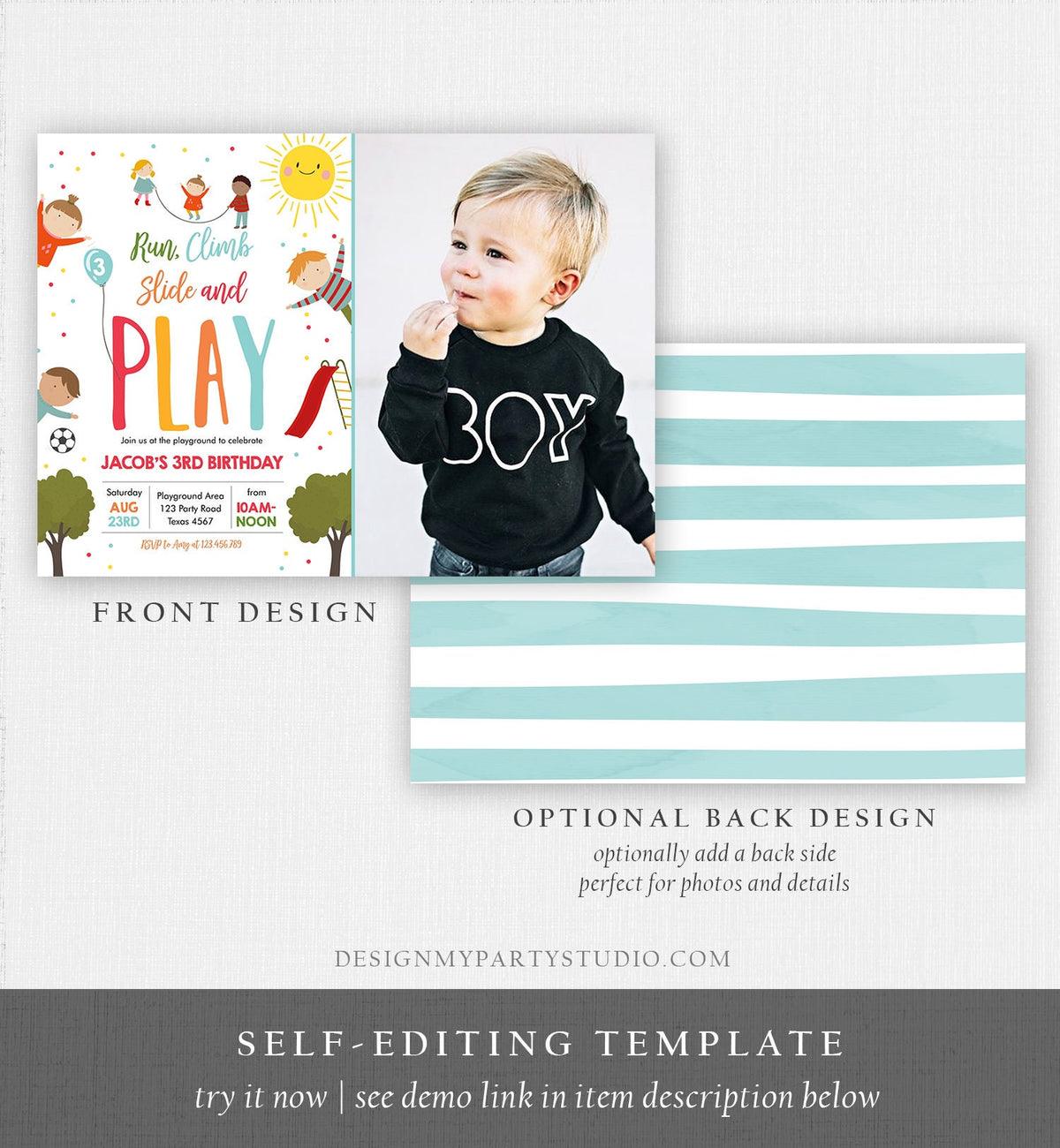 Editable Playground Birthday Invitation Party In The Park Boy Blue Run Climb Slide and Play Digital Download Template Printable 0327
