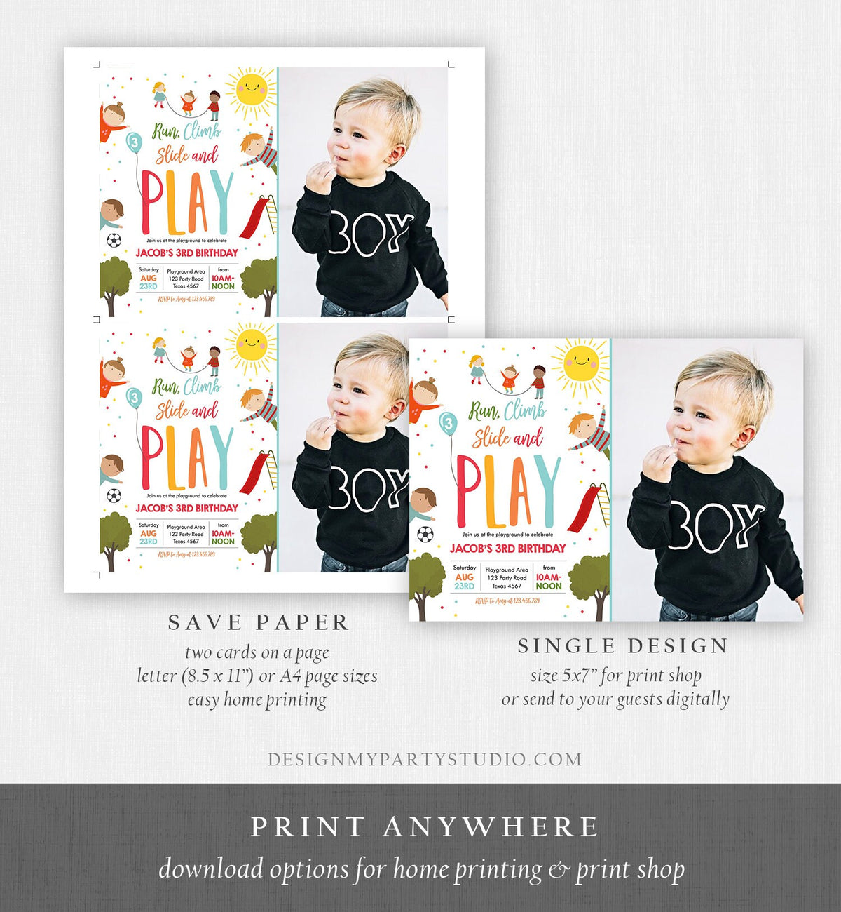 Editable Playground Birthday Invitation Party In The Park Boy Blue Run Climb Slide and Play Digital Download Template Printable 0327