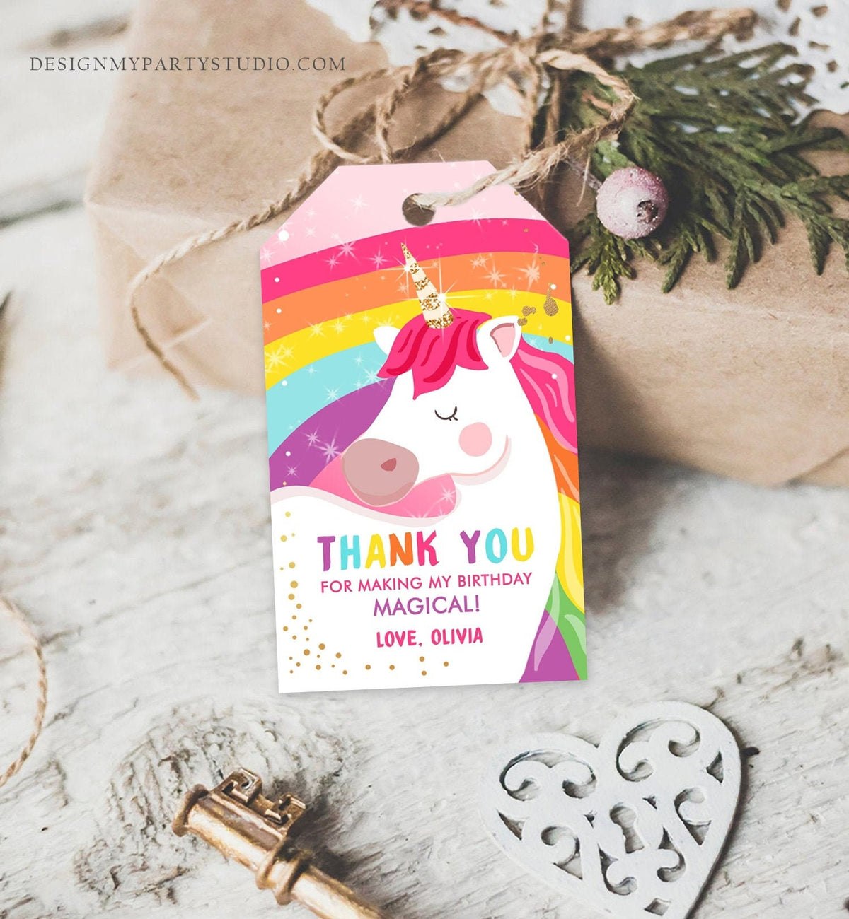 Editable Unicorn Favor Tags Unicorn Magical Birthday Thank you tags Label Rainbow Birthday Gift Pink Gold Digital Template Printable 0323