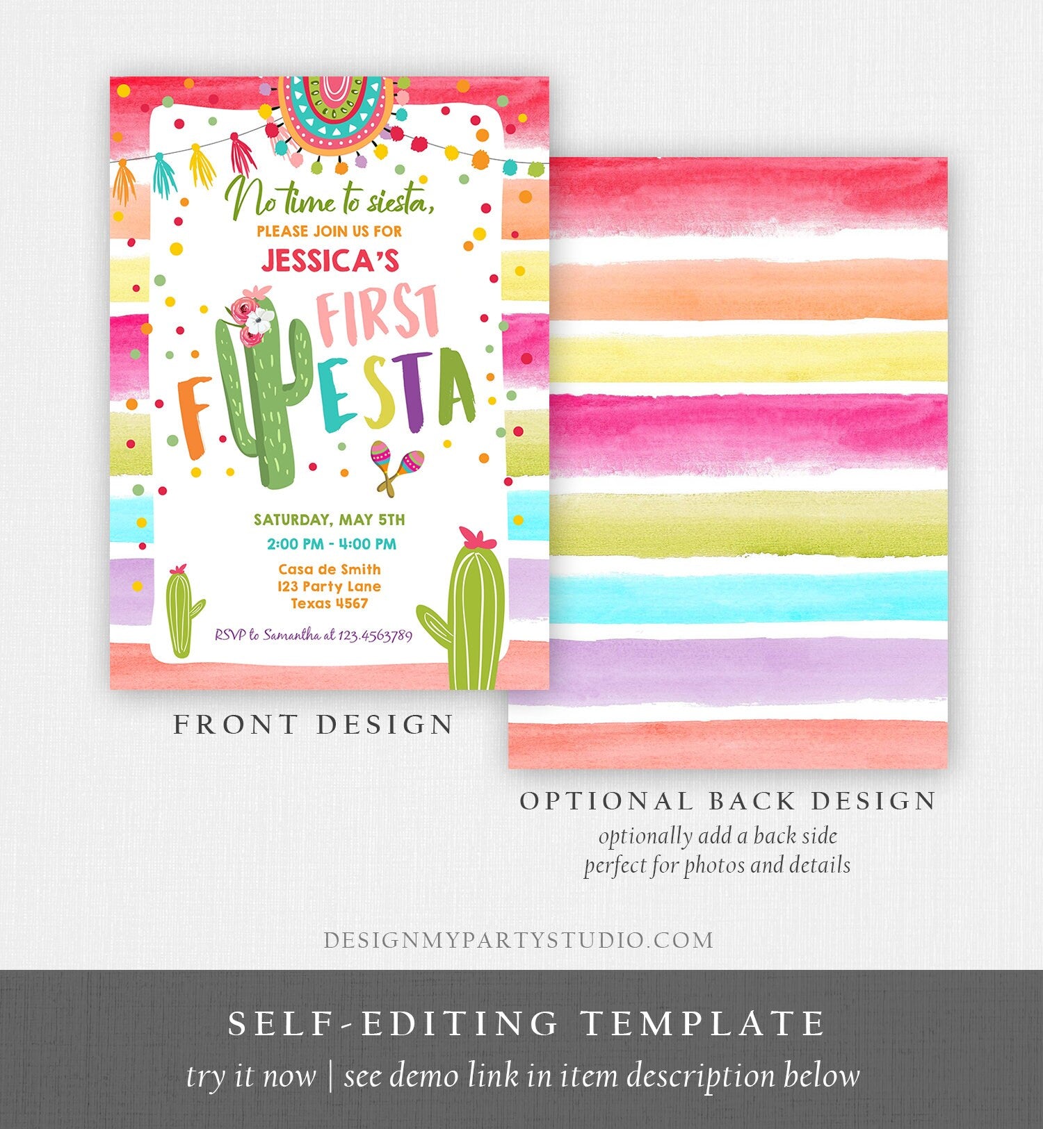 Editable Fiesta Birthday Invitation Cactus Succulent First Birthday Party Girl ANY AGE Mexican Digtal Download Evite Template Printable 0134