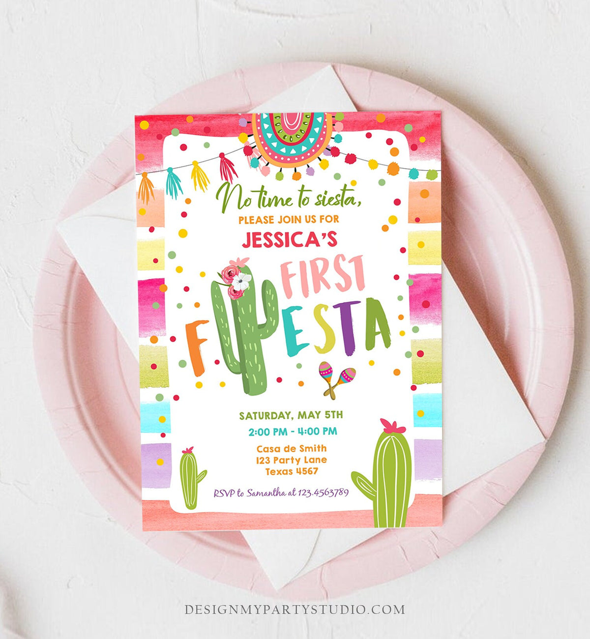 Editable Fiesta Birthday Invitation Cactus Succulent First Birthday Party Girl ANY AGE Mexican Digtal Download Evite Template Printable 0134
