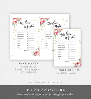 Editable The Price is Right Baby Shower Game Travel Adventure Begins Pink Floral Gold Confetti Shower Activity Corjl Template Printable 0030
